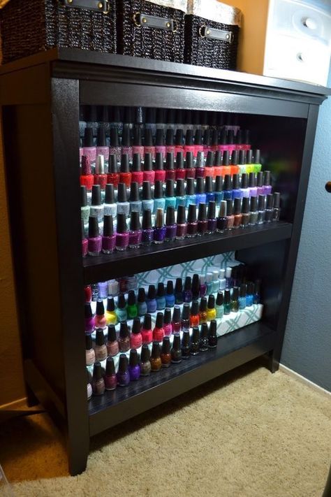 Cosmetics Shelf, Diy Makeup Organizer, Makeup Room Decor Wall, Nail Room Ideas, Nail Polish Rack, Polish Display, Makeup Organization Diy, Home Nail Salon, Nail Polish Storage