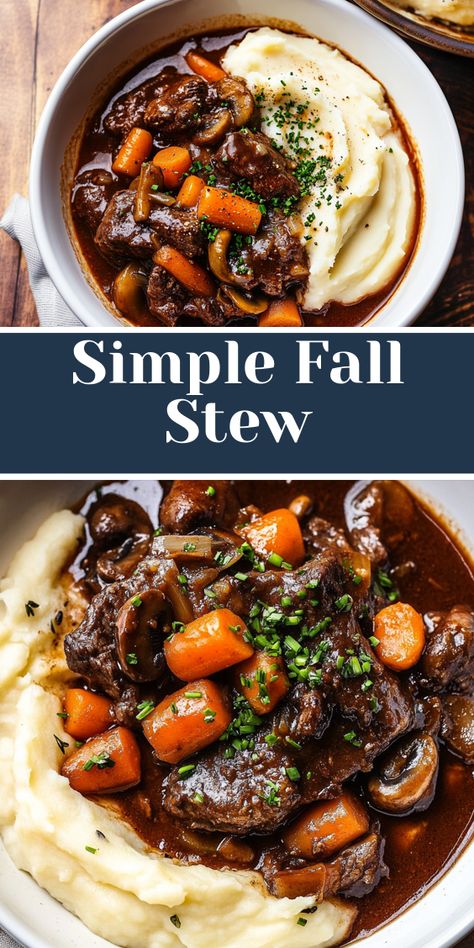 A simple yet hearty stew perfect for fall. This healthy Beef Bourguignon combines tender beef, carrots, and mushrooms for a filling, nutritious dinner. Beef And Carrot Stew, Simple But Delicious Dinner Meals, Beef Stew Half Baked Harvest, Yummy Fall Meals, Dinner Recipes With Beef Stew Meat, Simple French Recipes Dinners, Dinner Family Ideas, Winter Soup And Stew Recipes, Quick Beef Stew Recipes