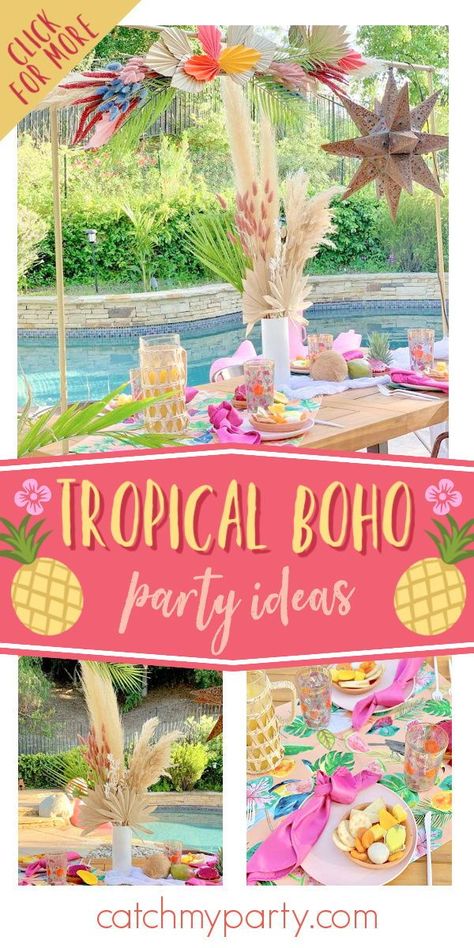 Take a look at this wonderful tropical summer boho dinner party! The table settings are stunning! See more party ideas and share yours at CatchMyParty.com Boho Tropical Birthday Party, Boho Chic Pool Party, Tropical Boho Party Decor, Boho Hawaiian Party, Boho Tropical Party, Tiki Pool Party Ideas, Summer Birthday Themes For Women, 30th Birthday Ideas For Women Themes Summer, Tropical Boho Party