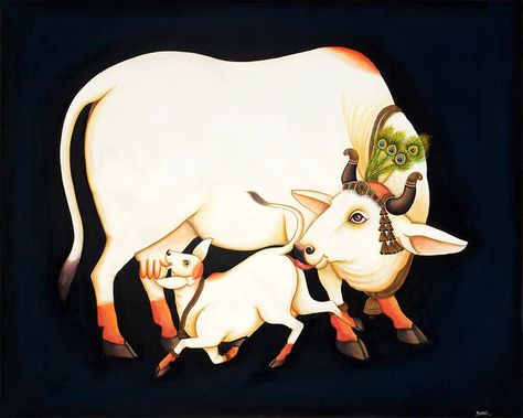 Baby Animals Drawings, Hindu Cow, Indian Traditional Paintings, Cow Art Print, Pichwai Painting, Baby Animal Drawings, Cow Pictures, Pichwai Paintings, Tanjore Painting