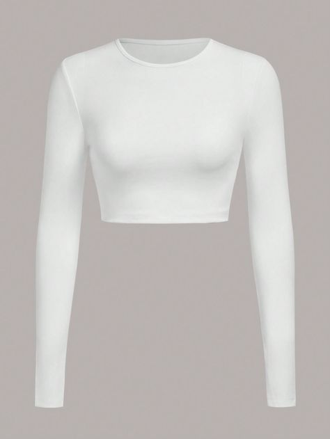 SHEIN BASICS Cotton Solid Fitted Crop Top | SHEIN USA White Tops Long Sleeve, Cute White Long Sleeve Tops, Shein White Top, Long Sleeve White Top Outfits, White Crop Long Sleeve, Crop Top Elegante, White Crop Top Long Sleeve, White Basic Top, White Long Sleeve Outfit