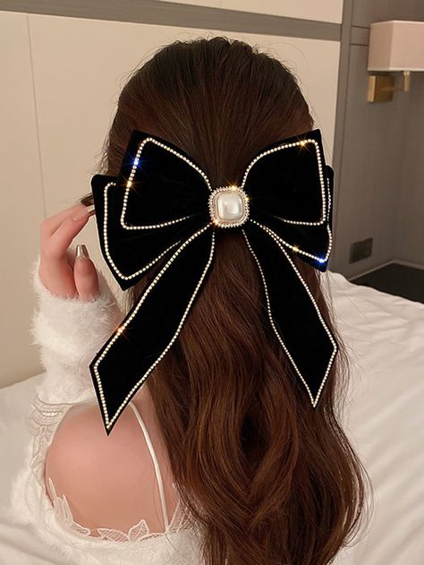 1pc Women Bow & Faux Pearl Decor Fashionable Hair Clip, For DecorationI discovered amazing products on SHEIN.com, come check them out! Elegance Hair, Black Hair Bows, Big Hair Bows, Bow Hairstyle, Rhinestone Hair Clip, Hair Accessories Clips, French Hair, Pearl Hair Clip, Velvet Hair