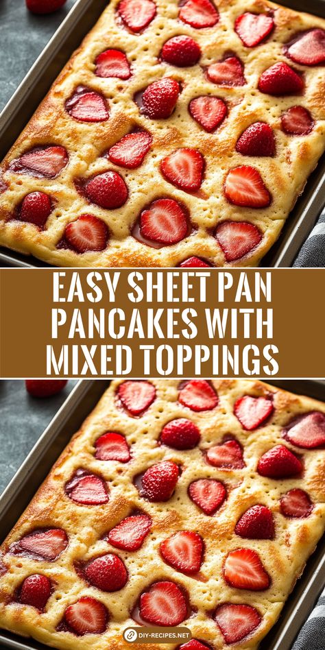 Try this easy sheet pan pancake recipe for breakfast or brunch! Customize each section with different toppings like berries, chocolate chips, or a peanut butter swirl. Pancake In A Pan, Sheet Pan Pancakes With Pancake Mix Easy, Pancakes For A Crowd, Sheet Pancakes, Oven Pancake, Sheet Pan Pancakes, Oven Pancakes, Pan Pancakes, Recipe For Breakfast