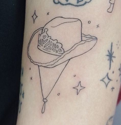 Girly Cowboy Hat Tattoo, Pink Cowboy Hat Tattoo, Pink Pony Club Tattoo, Tiara Tattoo, Cowboy Hat Tattoo, Hat Tattoo, Club Tattoo, Princess Tattoo, Pink Cowboy Hat