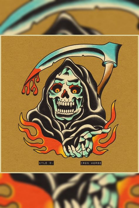 Trad Reaper Tattoo, Traditional Reaper Tattoo Flash, Grim Reaper Traditional Tattoo, Grim Reaper Skull Tattoo, Grim Reaper Tattoo Traditional, Reaper Skull Tattoo, American Traditional Grim Reaper, Grimm Reaper Tattoo, Traditional Reaper Tattoo