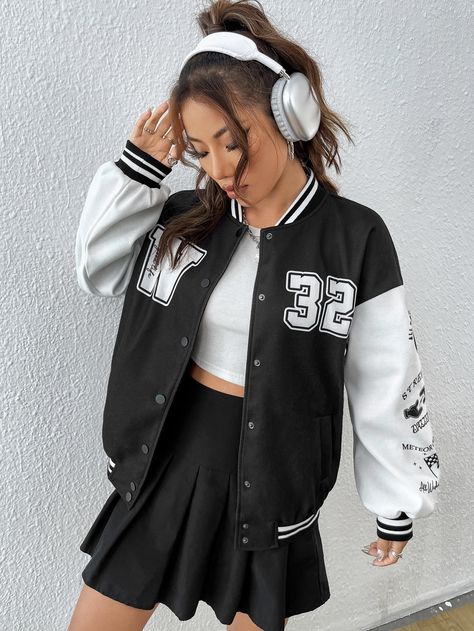 All Black Varsity Jacket, White Varsity Jacket Outfit, Baseball Jacket Outfit Women, Black Varsity Jacket Outfit, Varsity Jacket Outfit Women, Baseball Jacket Style, Varsity Outfit, Varsity Jacket Style, Outfit Ideas Oversized