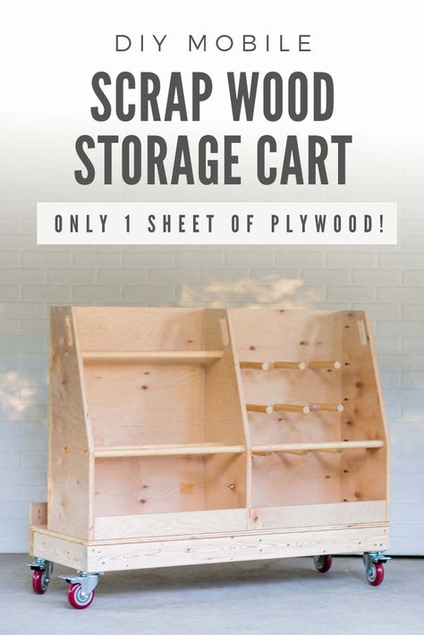 How to build a plywood and scrap lumber wood storage cart, from only 1 sheet of plywood! This cart is great for small spaces, mobile and provides great organization. Full step by step video tutorial and build plans available! Lumber Storage Cart, Wood Storage Cart, Scrap Wood Storage, Wood Cart, Plywood Storage, Sheet Storage, Workshop Projects, Bar Business, Storage Shed Organization