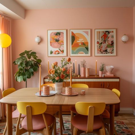 Color Blocking Dining Room, Color Block Decor Interior Design, Wood And Color Interior, Color Block Dining Room, Colorful Interior Design Living Room, 70s Style Dining Room, Dopamine Decor Dining Room, Home Decoration Inspiration, Interior Pop Of Color