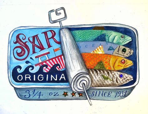 Sardine Tin, Collage Board, Fish Illustration, Virtual Art, Online Tutorials, Pop Up Book, Coloured Pencils, Art Workshop, Collage Paper