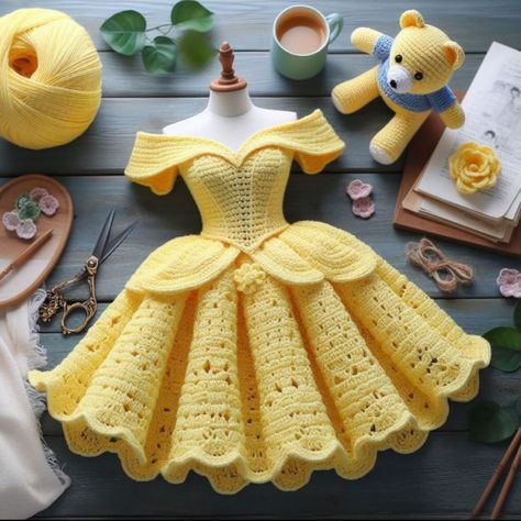 These princess dresses are so beautiful Cinderella Crochet Dress, Crochet Princess Dress Pattern, Crochet Christmas Dress Toddler, Crochet Princess And The Frog, Free Crochet Barbie Clothes Patterns, Crochet Princess Peach, Crochet Dress For Kids, Crochet Barbie Clothes Patterns Free, Crochet Doll Dress Free Pattern