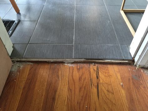 flooring - How do I transition from a wood floor to tile that has a 1-1/4" height difference? - Home Improvement Stack Exchange Tile To Wood Floor Transition, Wood Floor Transition, Tile To Wood Transition, Floor Transition Strip, Floor Transition, Wood Floor Installation, Transition Flooring, Transition Strips, Entryway Tile