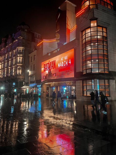 Cinema street lights big city lights Night out neon LED lights Batman movie marvel DC blockbuster London Billboard, Leicester Square London, Leicester Square, Batman Movie, London Love, Central London, Robert Pattinson, Story Ideas, Leicester