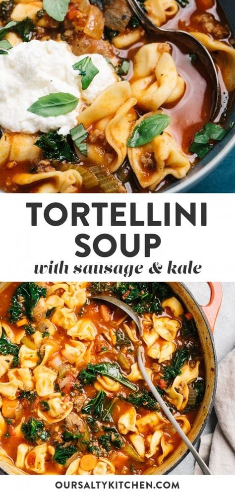 Italian Sausage Tortellini Soup with Kale | Our Salty Kitchen Tortellini Soup With Kale, Cheese Tortellini Pasta, Italian Sausage Tortellini Soup, Lunch Soup, Soup With Kale, Sausage And Kale Soup, Sausage Tortellini Soup, Sausage Tortellini, Italian Sausage Soup