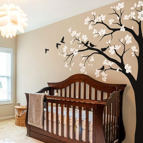 Studio Quee Large Corner Tree Wall Decal with Big Blossoms, Birds and Leaves Nursery Wall Art Sticker Mural 087 (Leaning Left, Black; White) : Amazon.co.uk: Baby Products Tree Stencils For Wall, Tree Drawing On Wall, Corner Wall Painting Ideas, Wall Scapes, Woodland Kitchen, Wall Art Tattoo, Family Tree Wall Sticker, Tree Wall Painting, Tree Wall Decals