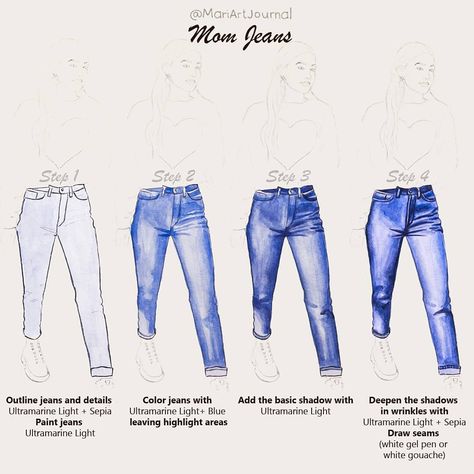 🔹NEW TUTORIAL 👇👇👇 Don't know why but denim has always seemed to me the most confusing texture ...😏 Several months ago I really thought that… How To Color Denim Drawing, Coloring Jeans Drawing, How To Draw Denim, Jeans Drawing, Fashion Illustration Tutorial, Fashion Figure Drawing, Fashion Illustrations Techniques, Fashion Drawing Sketches, Fashion Drawing Tutorial