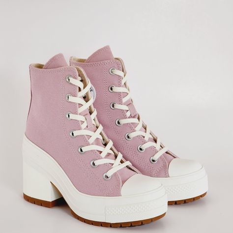 Converse Chuck 70 De Luxe Heel Hi High Top Static Pink / Egret / Gum Platform Boots A06433c Nwt Brand: Converse Model: Chuck 70 De Luxe Heel Style Code: A06433c Color: Static Pink / Egret / Gum Gender: Women's. Size Guide: Us Women's 6 / Uk 4 / Eur 36.5 / Cm 23 Us Women's 6.5 / Uk 4.5 / Eur 37 / Cm 23.5 Us Women's 7 / Uk 5 / Eur 37.5 / Cm 24 Rise And Outshine A Chunky, Lugged Heel Ups These Platform Chucks For A High-Fashion Twist On A Versatile Look. Now In A Soothing Shade So You Can Rejuvenat Converse High Heels, Chuck 70 De Luxe Heel, Converse Heels, Converse Model, Cute Converse Shoes, Cute Casual Shoes, Platform Chucks, Cute Converse, Pink High Tops