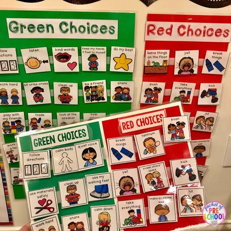 Green and red choice behavior management techniques (posters, songs, individual choice boards, class books, and children's books to support) perfect for preschool, pre-k, and kindergarten Red Choice Green Choice Preschool, Red Green Choices Preschool, Green Choices Red Choices, Learning About Emotions For Preschoolers, Preschool Choice Board Ideas, Red And Green Choices Preschool, Red Choices And Green Choices Free, Red And Green Choices Free Printable, Choice Boards Kindergarten