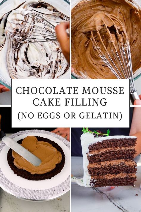 Whipped Chocolate Cake Filling, Costco Chocolate Mousse Cake Filling, Thick Chocolate Mousse Recipe, Chocolate Mousse Cupcake Filling, Caramel Mousse Cake Filling, Mouse Filling For Cakes, Mousse Cake Filling Recipes, Chocolate Mousse Cake Filling Recipe, Chocolate Mousse Cake Easy