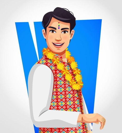 Vector side profile of a Nepalese young man posing with Tilak on forehead and marigold string for Bhai Tihar or Bhai Tika Bhai Tika, Tihar Festival, Man Posing, People Celebrating, Wedding People, Heart Tree, Cityscape Photos, Side Profile, Logo Banners