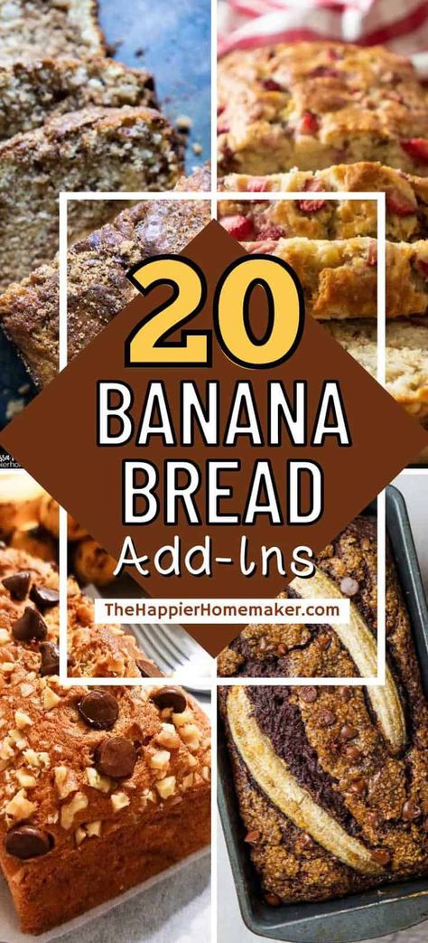 Wondering what to add to your basic banana bread? We are sharing 20 ideas to take your banana bread to the next level! Banana Bread Essential Oil Blend, Banana Bread Mix Ins, Banana Bread Variations Recipe, Freezer Banana Bread, Banana Bread Mix Recipes, Banana Bread Mix Hacks, Different Types Of Banana Bread, Banana Bread Add Ins, Bread Flavor Ideas