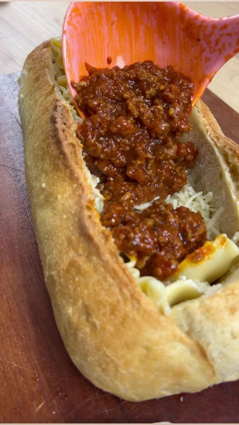 Lasagna Boats In Bread, Lasagna Bread Bowl Recipe, Lasagna Bread Bowls, Lasagna In Bread Loaf, Lasagna Bread Boat, Pasta Bread Bowl, Bread Boat Recipes, Lasagna Bread, Bread Lasagna