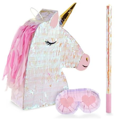 Item Description Increase your unicorn party decorations with this fun unicorn pinata set featuring a pinata stick and blindfold. Both children and adults of all ages will enjoy their shot at breaking open this large unicorn pinata for some tasty and fun pinata fillers! Bash the pinatas with a stick or rod to release the sweets and items tucked away inside for your guests to enjoy. The pinata is great for a birthday party or school celebration. The pinata measures 14 x 20 x 5 inches, and the sti Unicorn Birthday Party Decorations Decor, Pinata Stick, Unicorn Pinata, Unicorn Birthday Party Decorations, Birthday Pinata, Pinata Fillers, Unicorn Themed Birthday Party, Girls Birthday Party Decorations, Rainbow Unicorn Birthday