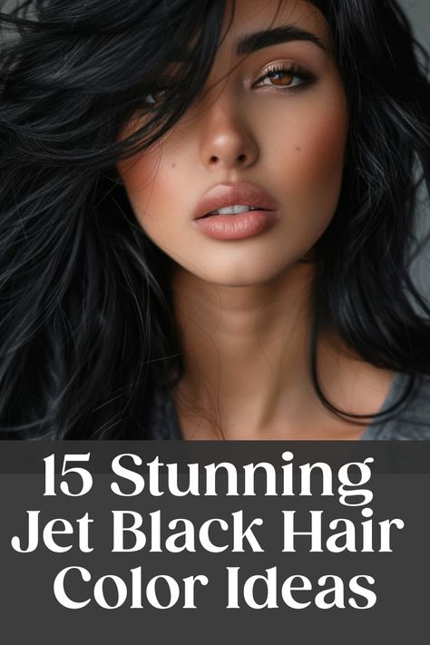 15 stunning jet black hair color ideas written over a woman with long, wavy black hair. Black Color Haircuts, Black Hair For Pale Skin, Best Hair Colour For Black Hair, Naturally Black Hair, Dark Brown Hair For Green Eyes, Black Hair To Brown Balayage, Very Dark Hair Color Ideas, Jet Black Hair With Lowlights, Jet Black Hair Tan Skin