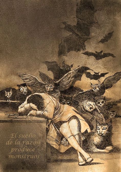 An etching from a series of satires made by painter Francisco Goya. It shows Goya having fallen asleep at his work station, plagued in a nightmare by owls and bats. The painting will activate when the user falls asleep while working. It will cause repeated night terrors that will constantly awaken the person out of fear. They will become extremely tired but unable to fall asleep and will dread work. They will also become more disgruntled and become annoyed with all winged animals. Sleep Of Reason Produces Monsters, Goya Paintings, Rennaissance Art, Francisco Goya, Goth Art, Spanish Artists, Arte Inspo, Historical Art, Arte Fantasy