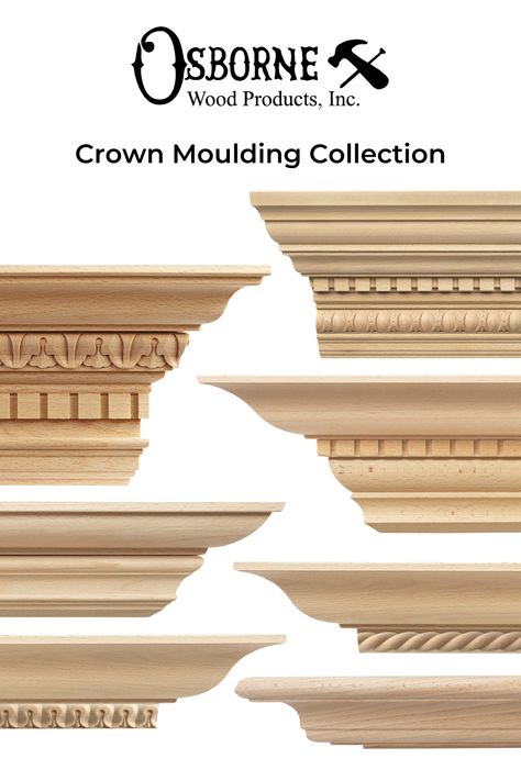 Image includes seven photos of different styles of crown moulding, from large carved drown mouldings that feature acanthus leaves, egg & dart, or dentil motifs to smaller, simpler, more contemporary styles. Oak Crown Molding, Victorian Moulding, Showroom Elevation, Wooden Cornice, Collage Cutouts, Classical Kitchen, Unfinished Wood Furniture, Entry Door Designs, Room Bedrooms