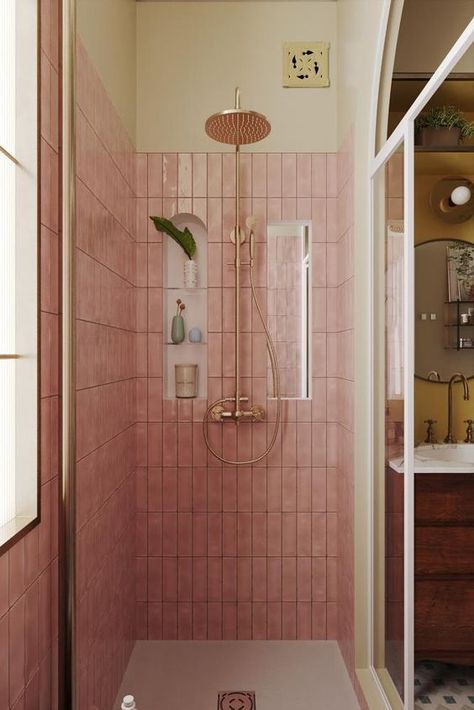 New York Bathroom Aesthetic, Pink Tiled Bathroom, Pink Tile Bathroom, Best Bathroom Paint Colors, Funky Prints, Pink Showers, Dream Apartment Decor, Dream Bathrooms, House Bathroom