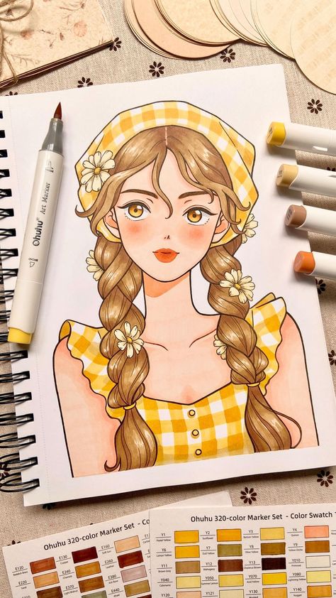 Bask in the golden glow of this enchanting countryside illustration by @im.meeco 🌼💫 Let the vibrant yellows of Ohuhu markers transport… | Instagram Arts With Brush Pen, Cute Cute Drawings, Doodle Cute Art, Drawing By Marker, Drawing From Brush Pen, Something Yellow Drawing, Marker Pen Art Drawing, Easy Painting Ideas Watercolors, Cute Canvas Drawings