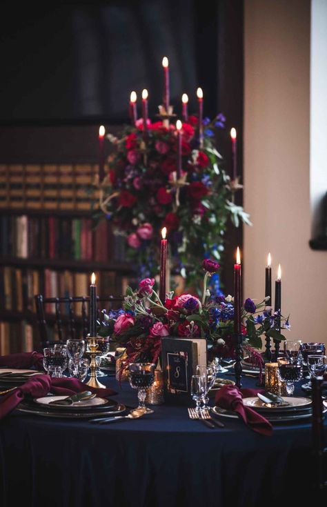 Jewel tone, moody, candle-lit reception table - WeddingDay Magazine Candle Lit Reception, Dark Wedding Theme, Flowers And Candles, Jewel Tone Wedding, Dark Wedding, Jewel Wedding, Moody Wedding, Gothic Wedding, Wedding Aisle