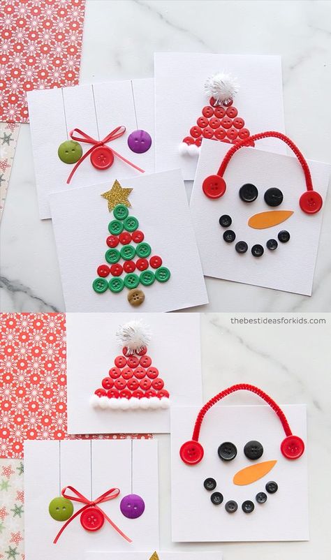 BUTTON CHRISTMAS CARDS 🎄 - such cute DIY Christmas cards for kids! Cute Diy Christmas Cards, Diy Christmas Cards For Kids, Christmas Cards For Kids, Button Christmas Cards, Christmas Button Crafts, Christmas Cards Kids, Ornament Card, Christmas Buttons, Cards For Kids