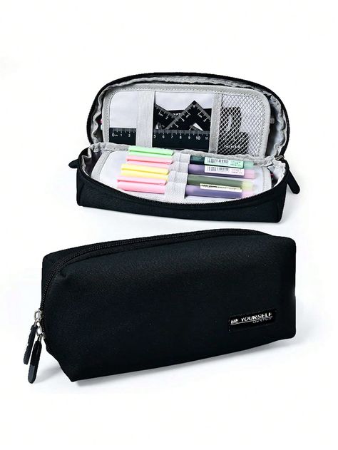 Black  Collar  Polyester   Embellished   Filing Products Black Pencil Case, Large Pencil Case, School Pencil Case, Cute Pencil Case, Pencil Storage, Study Stationery, School Pencils, Stationary School, Cute School Supplies