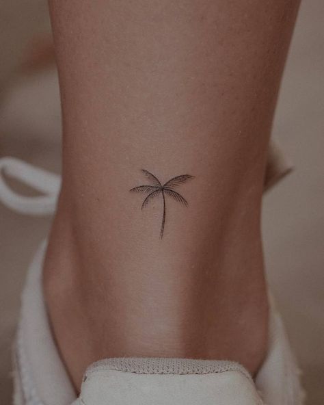 Fine line palm tree tattoo located on the achilles. 3 Palm Trees Tattoo, Tiny Tattoos Palm Tree, Fine Palm Tree Tattoo, Unique Palm Tree Tattoo, Small Tattoo Palm Tree, Palms Tattoo Ideas, Palm Tree Line Art Tattoo, Palm Tree Turtle Tattoo, Delicate Palm Tree Tattoo