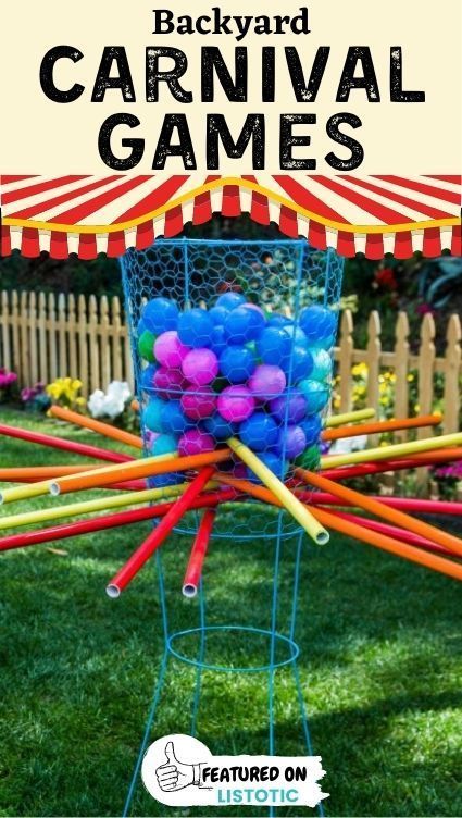 This life-size game of kerplunk is sure to keep your kids entertained for hours! Perfect for carnival themed birthday parties. Click on the pin to see everything you'll need to throw a carnival theme party for your kids featured over on Listotic. Baseball Carnival Games Diy, Carnival Games Fundraiser Booth Ideas, Steam Carnival Games, Old Fashion Carnival Games, Diy Carnival Games For School, Carnival Games For Older Kids, Middle School Carnival Ideas, Festival Booth Ideas School Carnival, End Of Year Carnival Party