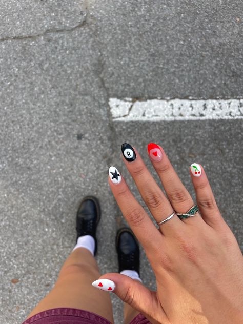 Amsterdam Inspired Nails, Medium Length Valentines Day Nails, Simple Red Acrylic Nail Ideas, Minimalist Fourth Of July Nails, Dark Funky Nails, Funky Fun Nails, Heart Y2k Nails, Gel Nails No Tips, Cherry 8 Ball Nails