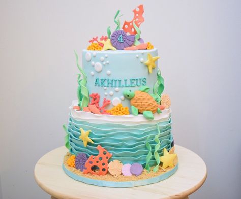 My take on an under the sea themed cake! Birthday Cake Under The Sea, Under The Sea Cake Boy, Under The Sea Cake Ideas, Under The Sea Theme Cake, Sea Theme Cake, Under The Sea Birthday Cake, Sea Birthday Cake, Sirenita Cake, Ocean Birthday Cakes