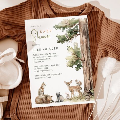 Forest Woodland Animals Couples Baby Shower Invitation Outdoorsy Baby Shower, Gender Neutral Invitations, Couples Baby Shower Invitations, Forest Baby Showers, Baby Shower Announcement, Watercolor Forest, Gender Neutral Baby Shower Invitations, Couples Baby Showers, Boho Baby Shower Invitations