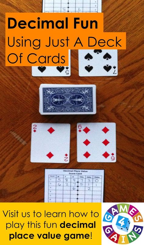 In this quick and easy game, students compete against one another to form the highest decimal number using playing cards.  This game challenges students to think critically about the place value of digits in decimal numbers and how each digit's placement impacts the total value of the number.  Come visit us at Games4Gains.com to learn how to play! Bridges Math, Teaching Decimals, Decimal Place Value, Decimal Numbers, Game Challenges, Place Value With Decimals, Math Decimals, Math Night, Decimal Number