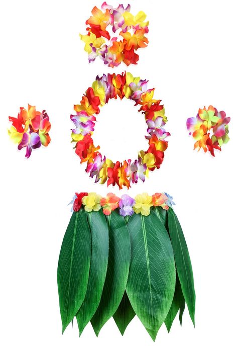 PRICES MAY VARY. This package includes 5 items: 1 x Hula Skirt + 4 x Hawaiian Leis Set (1 x headband, 1 x necklace and 2 x wristband). Material of Skirt: Silk-like cloth material; Leis: Fabric and plastic. Durable and comfortable to wear, looks completely natural and jungly. Dimensions of Skirt: Waist(with elastic band) 26.8inch/68cm, Skirt length: 14.9inch/38cm. Dimensions of Leis: Necklace (NO elastic) perimeter 41.3inch/105cm, Headband(elastic) perimeter 16.5inch/42cm, Wristband(elastic) peri Hawaiian Costumes, Hula Costume, Costume Fleur, Jimmy Buffett Concert, Hawaiian Costume, Hawaiian Leis, Hawaiian Party Theme, Leaf Skirt, Hula Skirt