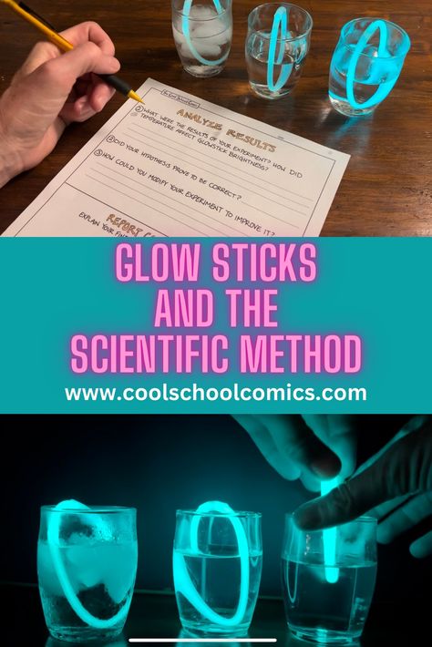 This is an image of the glow stick experiment. I use it on the first day of school to help review the scientific method. Scientific Method Middle School, Scientific Method Experiments, Scientific Method Activities, School Science Experiments, Science Experiments Kids Elementary, The Scientific Method, 7th Grade Science, Science Club, 8th Grade Science