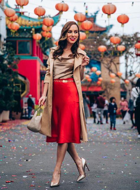 Sydne Style shows Lunar New Year outfit in red and gold #chinesenewyear #lunarnewyear #midiskirt #redskirt #trench #gold #chinatown @sydnesummer Gold And Red Outfit, Red Gold Outfit, Red And Gold Outfit, Lunar New Year Outfit, New Years Outfits Parties, Lunar New Year Party, Outfits With Scarves, Chinese New Year Outfit, Red Prints