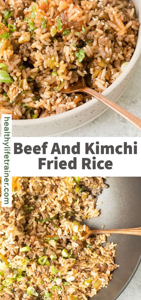 Beef And Kimchi Fried Rice - quick and tasty stir fry made with white long-grain rice, minced beef, pak choi and kimchi, mixed with sriracha, soy sauce and fresh ginger topped with spring onion and sesame seeds. This beef and kimchi fried rice is perfect for an easy midweek dinner. #Kimchifriedrice #friedrice #easydinner Rice With Ground Beef, Kimchi Rice, Beef Fried Rice, Minced Beef, Kimchi Fried Rice, Pak Choi, Beef And Rice, Duck Recipes, Food Heaven