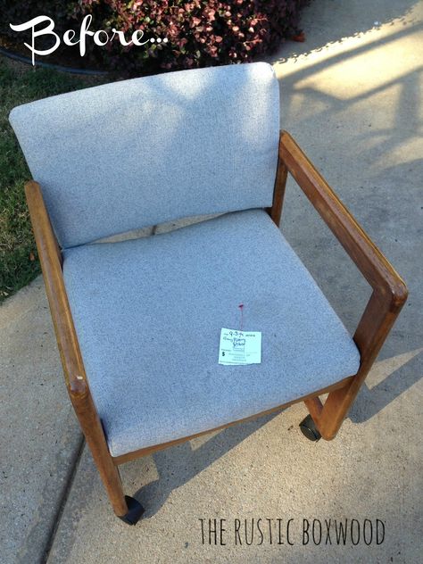 See how this outdated chair got a fun makeover! | The Rustic Boxwood | DIY, office chair, goodwill, before and after, projects, tutorial, makeover, tutorial How To Reupholster An Office Chair, Chair Update Diy, Reupholster Office Chair Diy, Waiting Room Chair Makeover, Old Office Chair Makeover, Office Chair Redo, Diy Office Chair, Chair Upcycle, Wood Chair Makeover