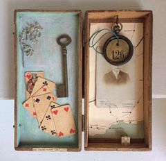 Antje Weber, Le passé temps amusants, Gemengde techniek in oude doos, 22x22x3 cm, €.150,- Travel Box, Candle Sconces, Assemblage, Amsterdam, Wall Clock, Wall Lights, Clock, Home Decor, Art