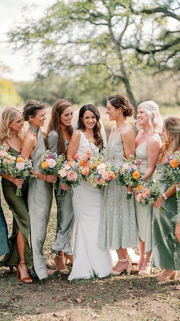 Variety Green Bridesmaid Dresses, Field Wedding Bridesmaid Dresses, Summer Sage Green Wedding, Varied Green Bridesmaid Dresses, Boho Spring Bridesmaid Dresses, Bridesmaids Dresses Green Mismatched, Mismatched Fabric Bridesmaid Dresses, Wedding Flowers Green Dresses, Wedding Florals Sage Green