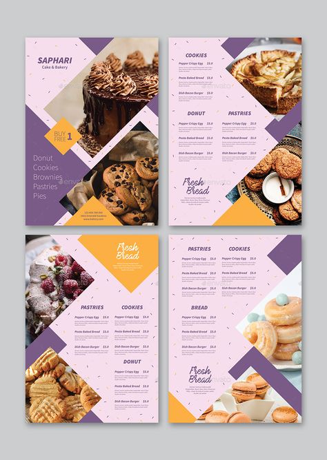 4 Bakery Menu Flyer Templates PSD Menu Card Design For Cake Shop, Bakery Flyer Design Templates, Pastries Menu Design, Dessert Flyer Design, Bakery Menu Ideas Design, Menu For Bakery, Dessert Poster Design Ideas, Desserts Menu Design, Baking Flyers Design