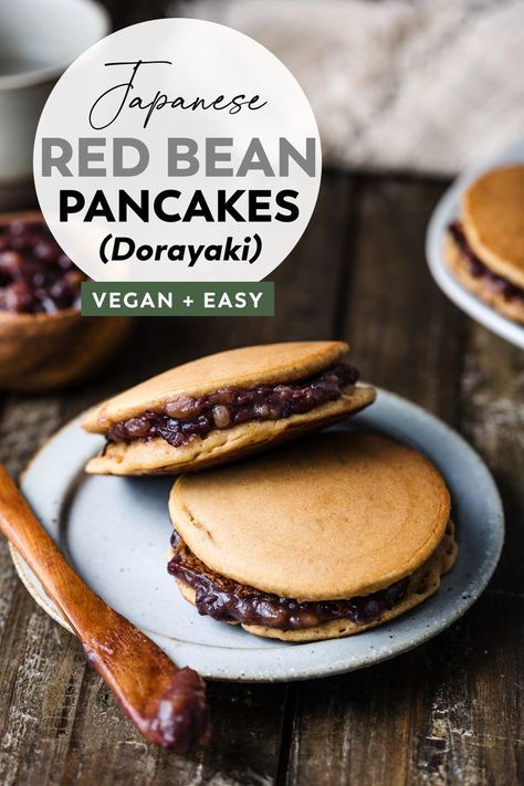 Vegan Dorayaki (Japanese Pancake with Azuki Bean Paste + Black Sesame Filling) Vegan Japanese Pancakes, Japanese Vegan Breakfast, Azuki Bean Recipes Desserts, Japan Vegan Food, Vegan Japanese Dessert, Japanese Food Vegan, Adzuki Bean Recipes, Azuki Bean Recipes, Japanese Dessert Aesthetic