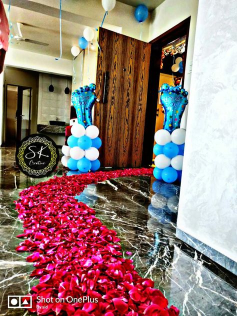 Welcome Decoration Ideas Home Indian With Balloons, Baby Boy Welcome Decoration At Home, White And Blue Balloon Arch, Welcome Decoration Ideas Home Indian, Blue Balloon Arch, Welcome Decoration, Baby Homecoming, Welcome Baby Boy, Welcome Home Decorations